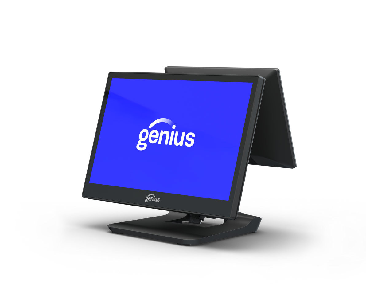 Black Genius touchscreen monitor angled on a stand, showing a blue screen with the Genius logo.