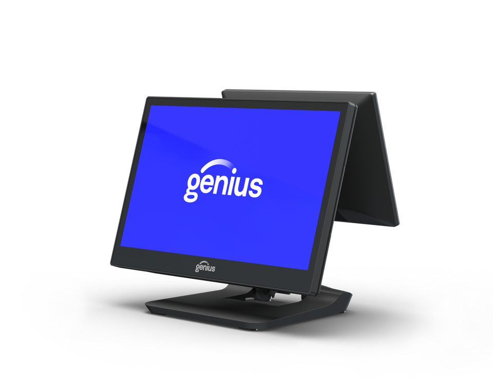 Genius touchscreen monitor in black, shown open at an angle with a blue screen