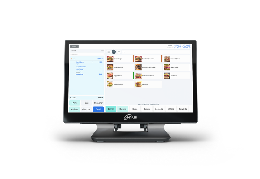 A computer monitor displays a point-of-sale touchscreen with product tiles and checkout buttons.