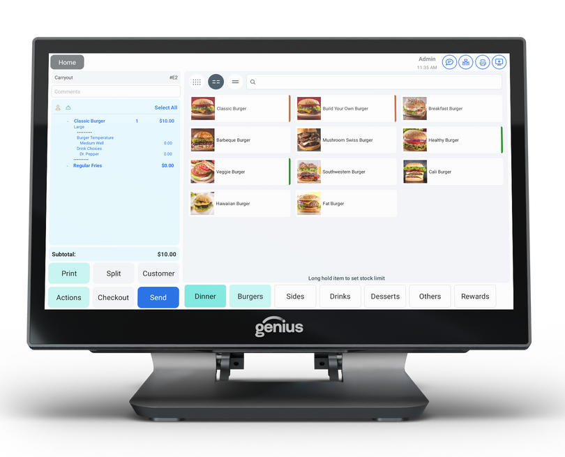 Computer monitor showing a restaurant ordering interface with food menu items and category tabs