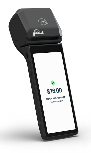 Handheld payment terminal showing a $76.00 transaction approved on its screen