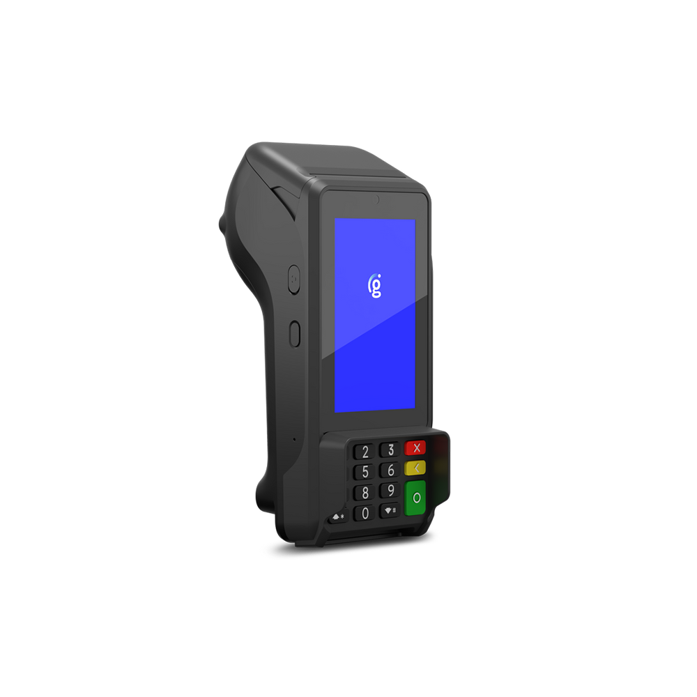 Compact handheld payment terminal with blue screen and keypad