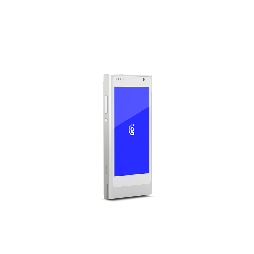 Slim silver touchscreen kiosk with a blue display showing a white logo