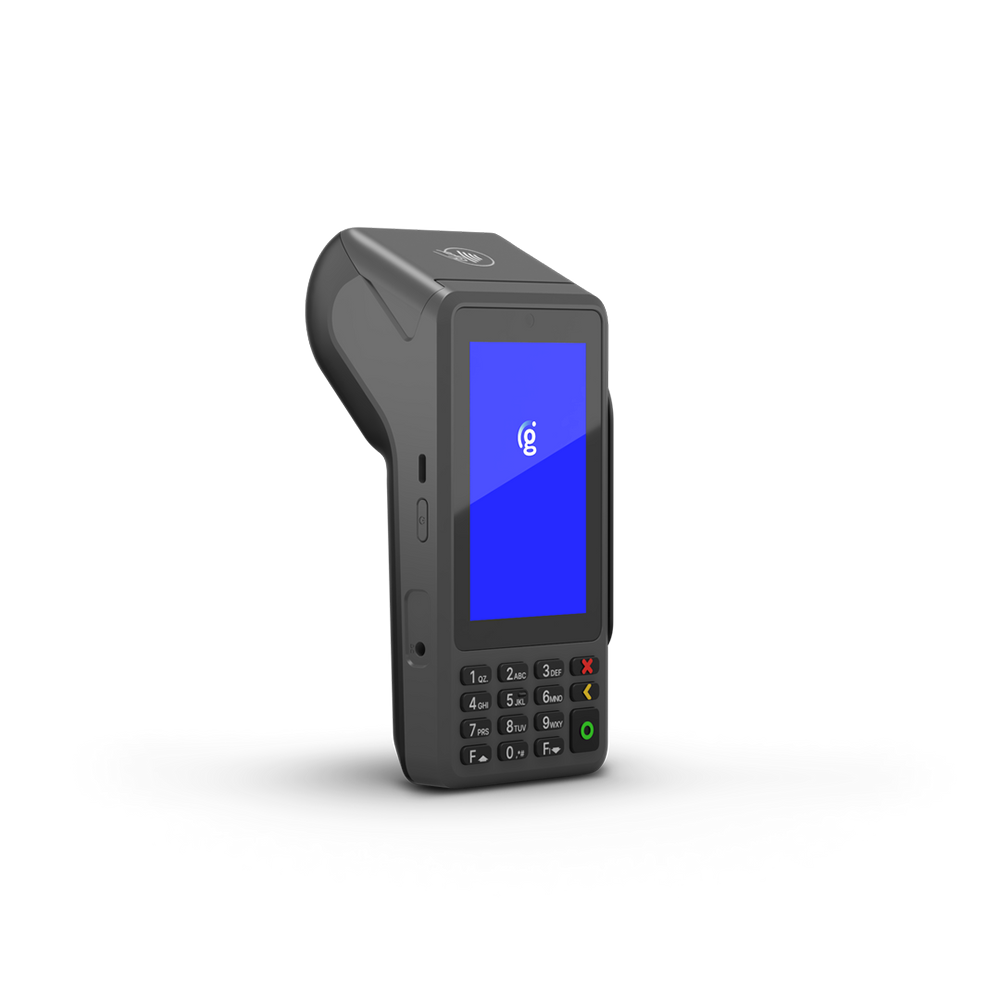Black handheld card payment terminal with blue screen and keypad, shown on a white background