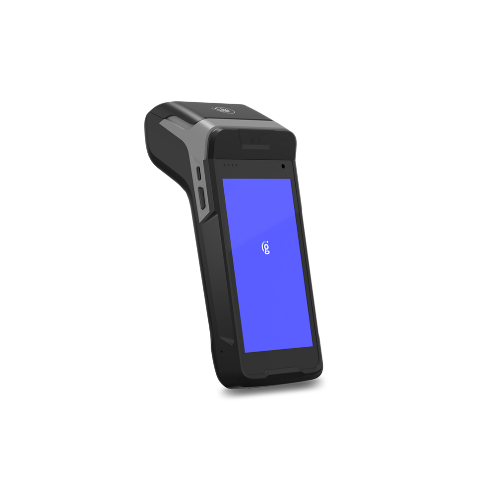 Black handheld barcode scanner with blue screen on a white background