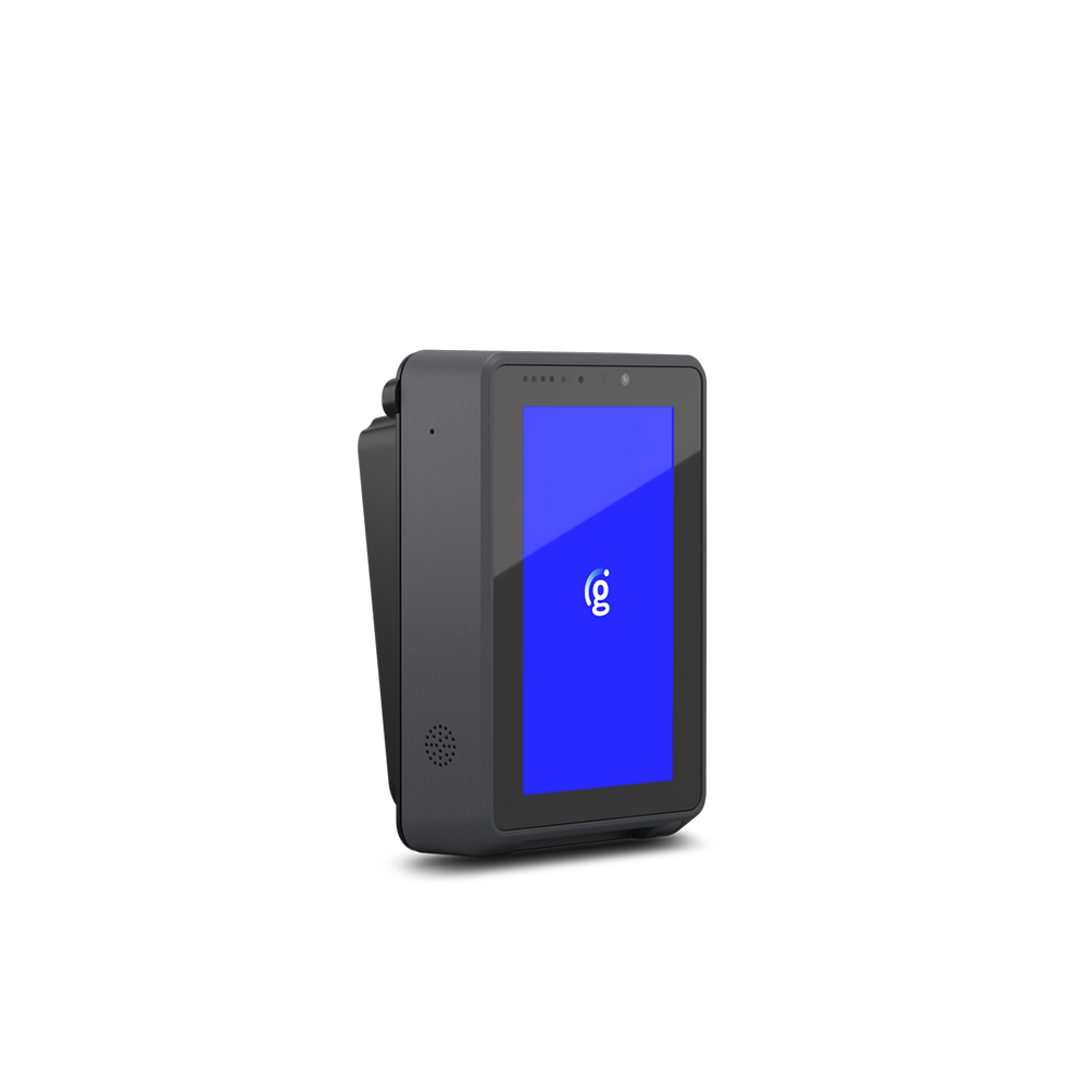 Black handheld device with a bright blue touchscreen and side speaker on a white background