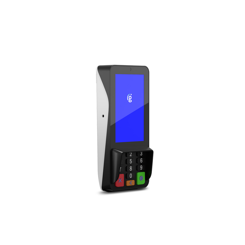 Wall-mounted black access control terminal with blue screen and keypad with red and green buttons
