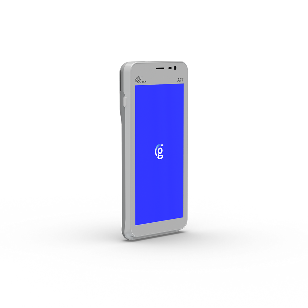 Silver smartphone with a blue screen displaying a white loading icon, standing upright on a white background