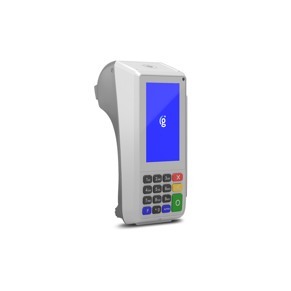 Wall-mounted payment terminal with blue screen and keypad on a white background