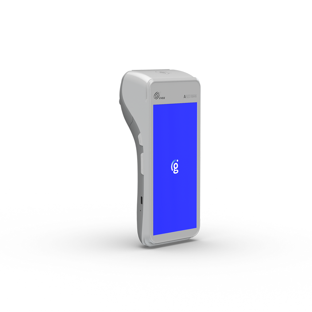 Compact gray handheld device with a blue touchscreen display on a white background