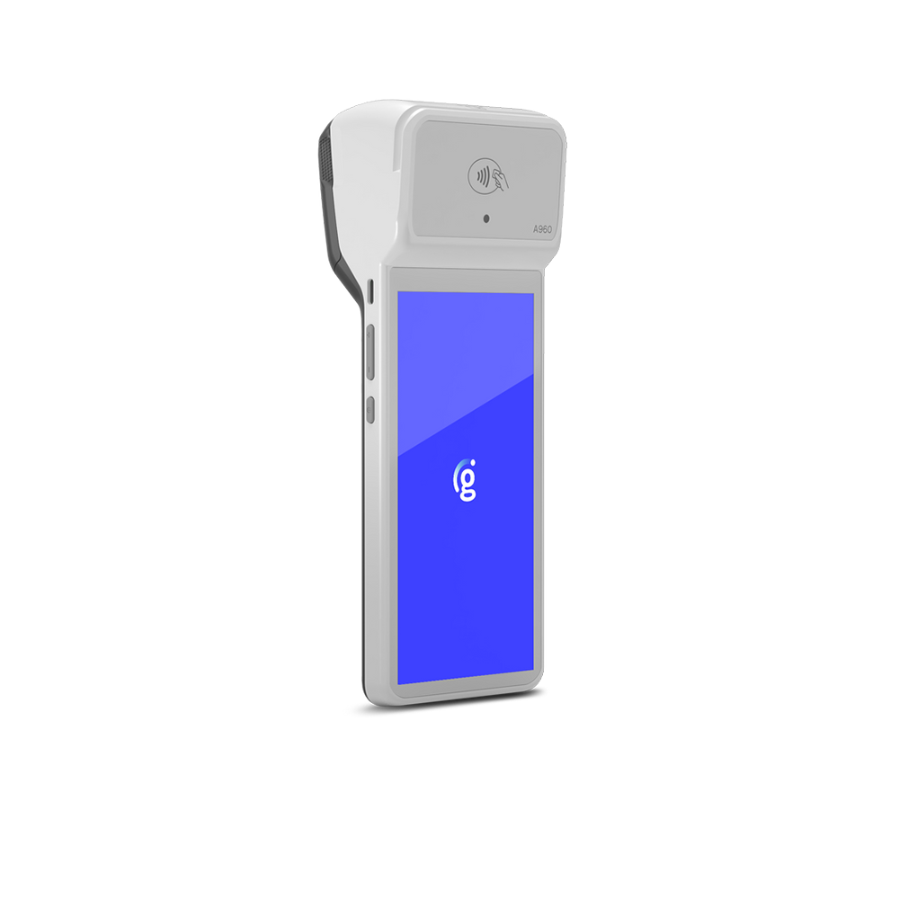 Portable handheld device with a blue touchscreen and gray body on a white background