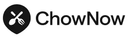 ChowNow logo with a black map pin and white fork and spoon icon on a white background