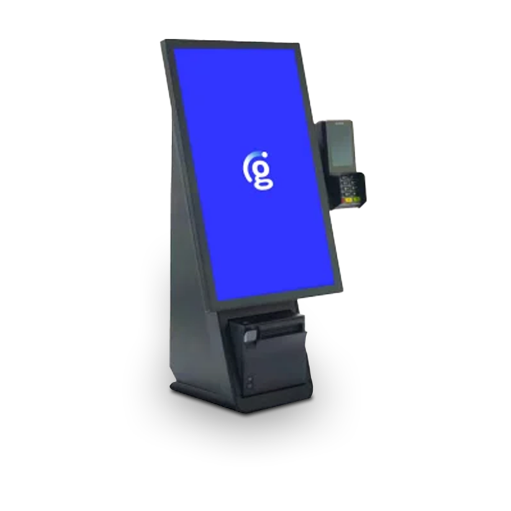 Self-service kiosk with blue touchscreen and card reader on a white background