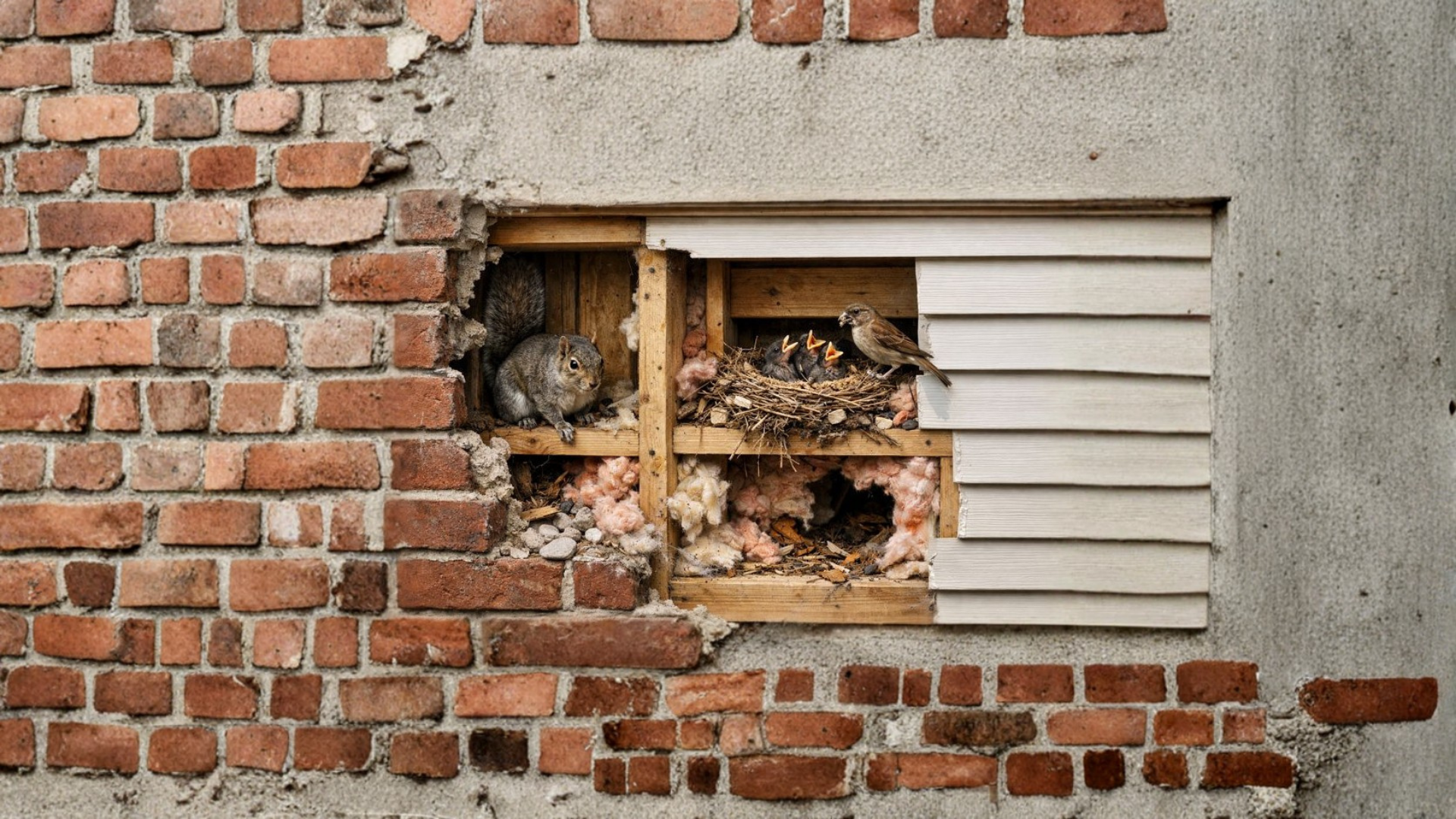 Damaged brick wall reveals bird nest inside. Bird sits on a nest, and another sits outside.