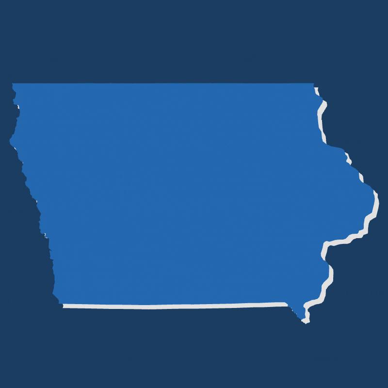 A blue map of iowa on a dark blue background