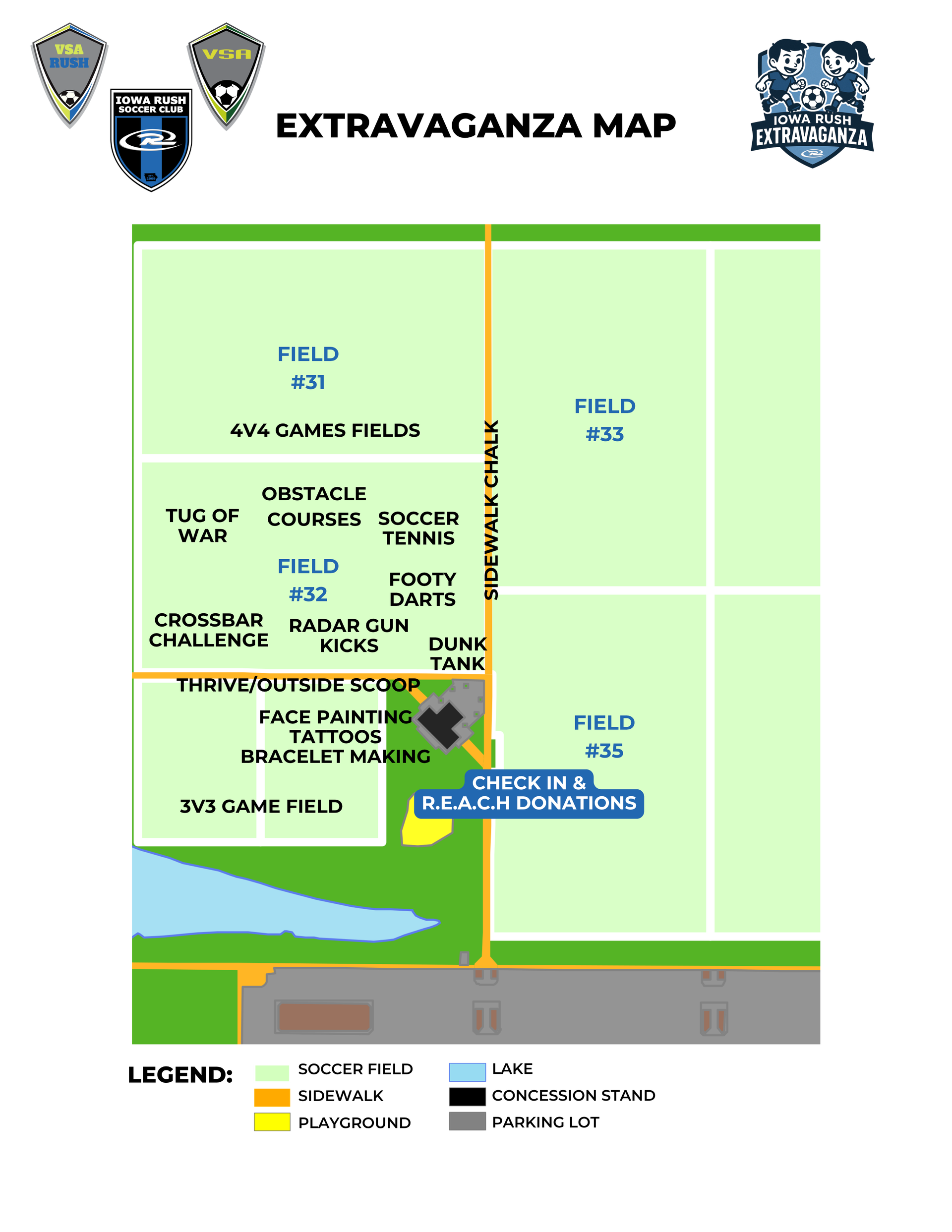 Iowa Rush Soccer Extravaganza map with fields, parking, roads, and event areas labeled in color.