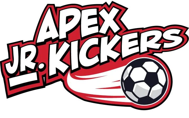 Apex Jr. Kickers logo with bold red-and-white text and a soccer ball graphic on a white background
