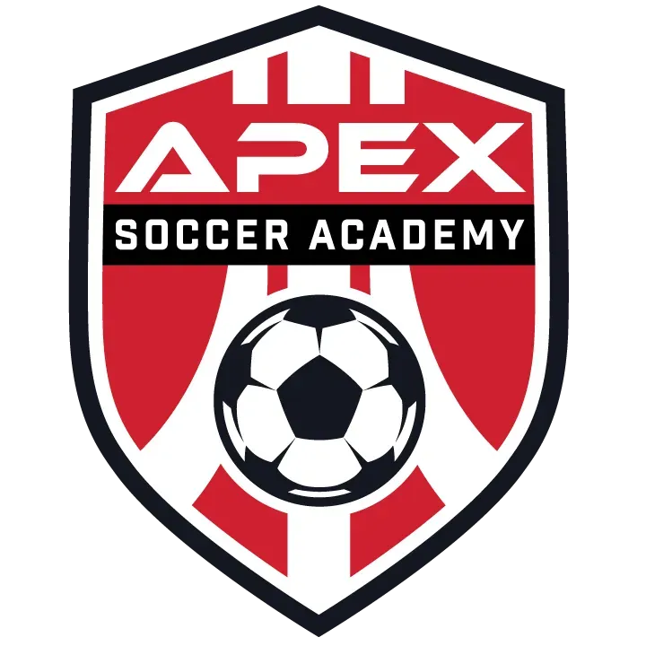 Apex Soccer Academy shield logo in red, white, black, with a soccer ball and bold text