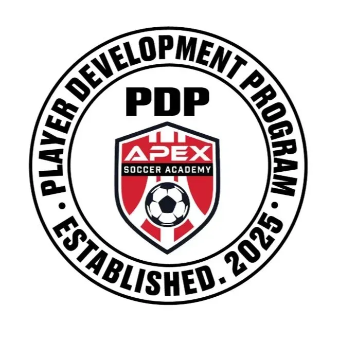 APEX Soccer Academy PDP logo in black, white, red, and gray, with “Player Development Program” and “Established 2025” text