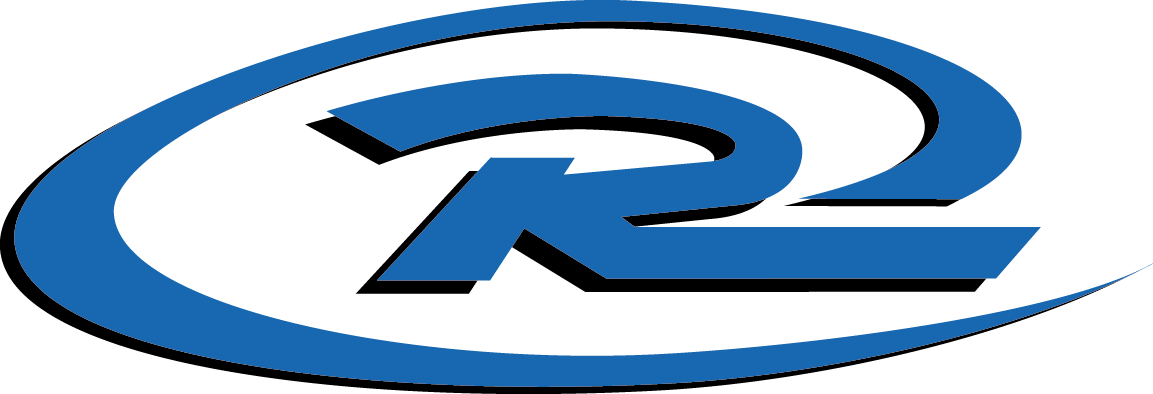 Blue and black stylized logo with a curved, swooping design
