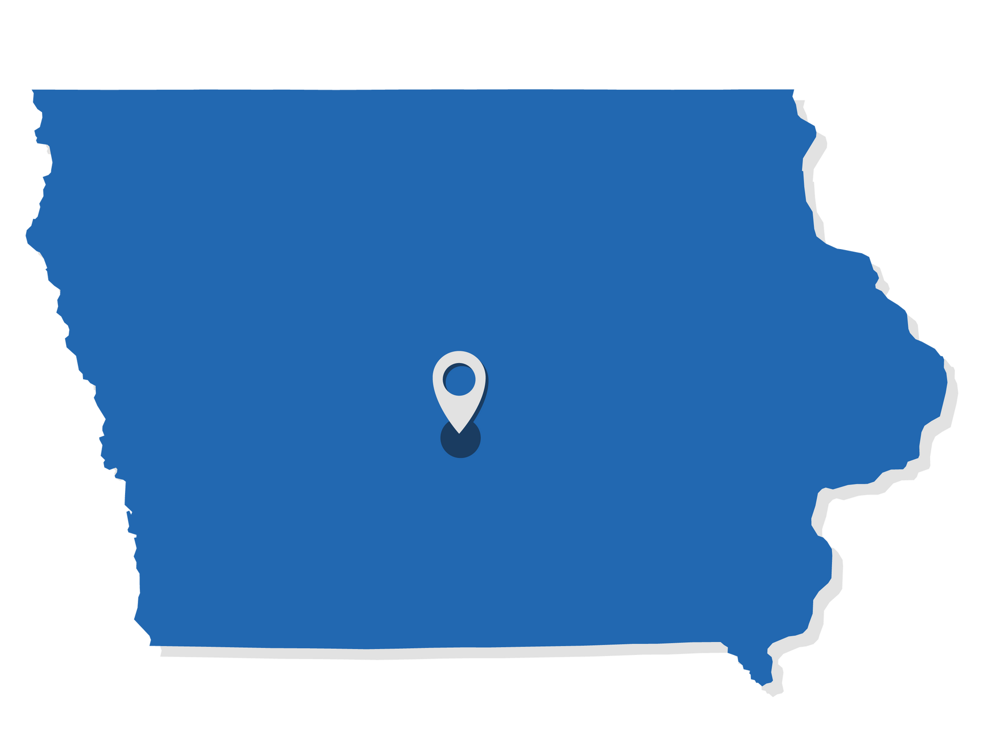 Blue map silhouette of Iowa with a location pin near the center