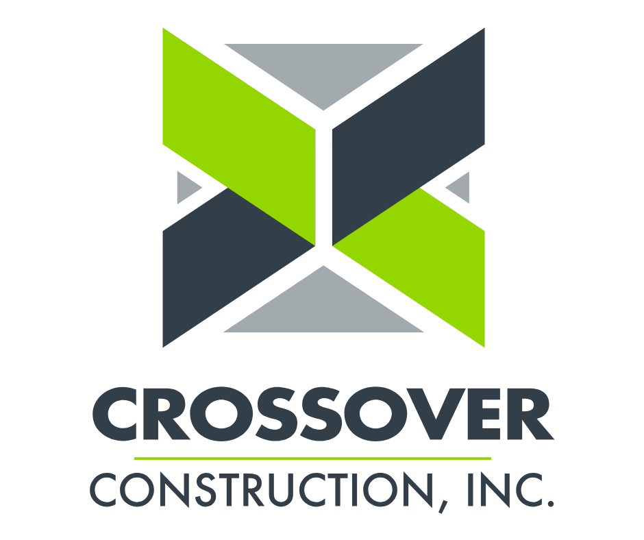 Crossover Construction, Inc. logo with green, gray, and dark blue geometric mark and company name below