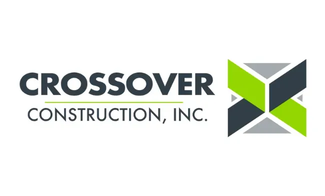 Crossover Construction, Inc. logo with gray text and green, black, and gray geometric icon