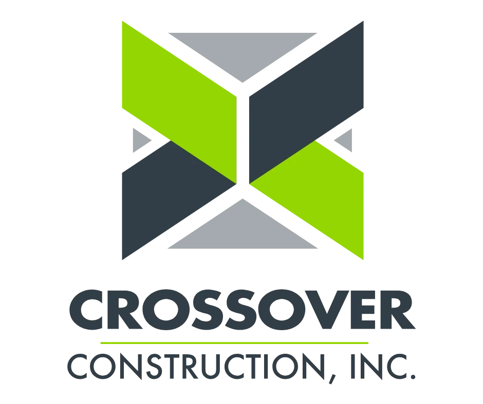 Logo for Crossover Construction, Inc. featuring a geometric, X-shaped design in green and dark gray.