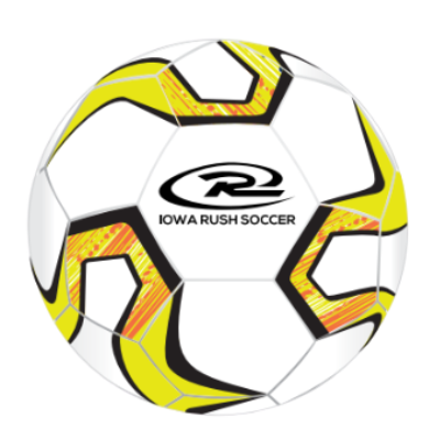 White soccer ball with yellow and black accents and “Iowa Rush Soccer” logo