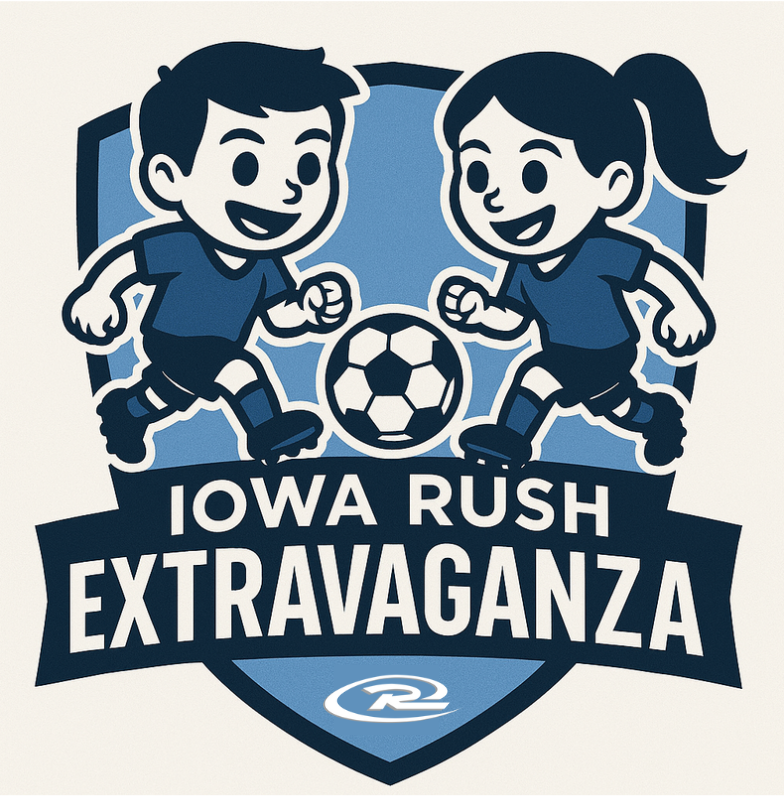 Iowa Rush Extravaganza soccer logo with two cartoon players, a soccer ball, and blue shield background