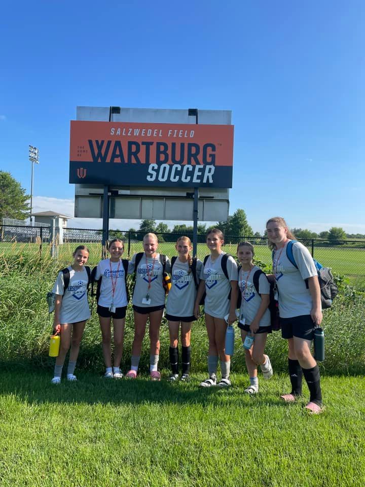 Six soccer players in gray uniforms posing on grass in front of a Wartburg Soccer sign.