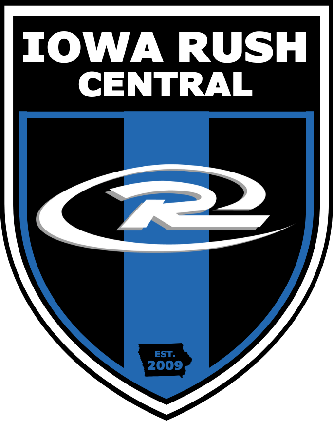 Iowa Rush Central soccer club shield logo in black, blue, and white with