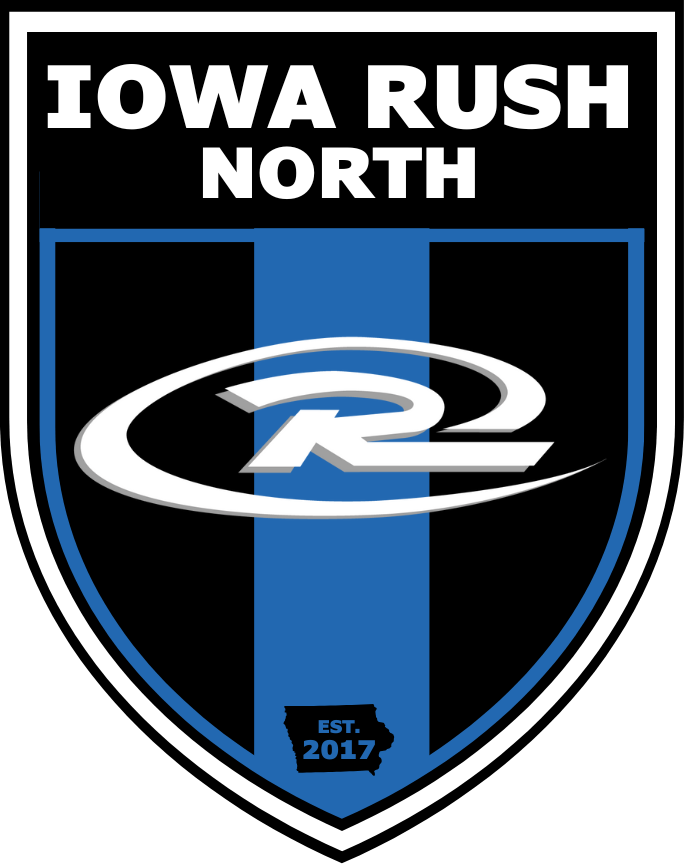 Iowa Rush North soccer team logo, black shield with blue stripe and white “R” emblem, EST. 2017