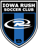 Iowa Rush Soccer Club shield logo in black, blue, and white with “EST. 2009” at the bottom