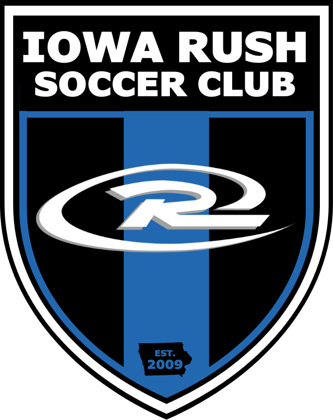 Iowa Rush Soccer Club shield logo in black, blue, and white with &ldquo;EST. 2009&rdquo; at the bottom