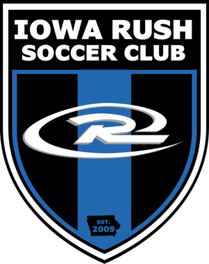 Iowa Rush Soccer Club shield logo in black, blue, and white with “EST. 2009” at the bottom