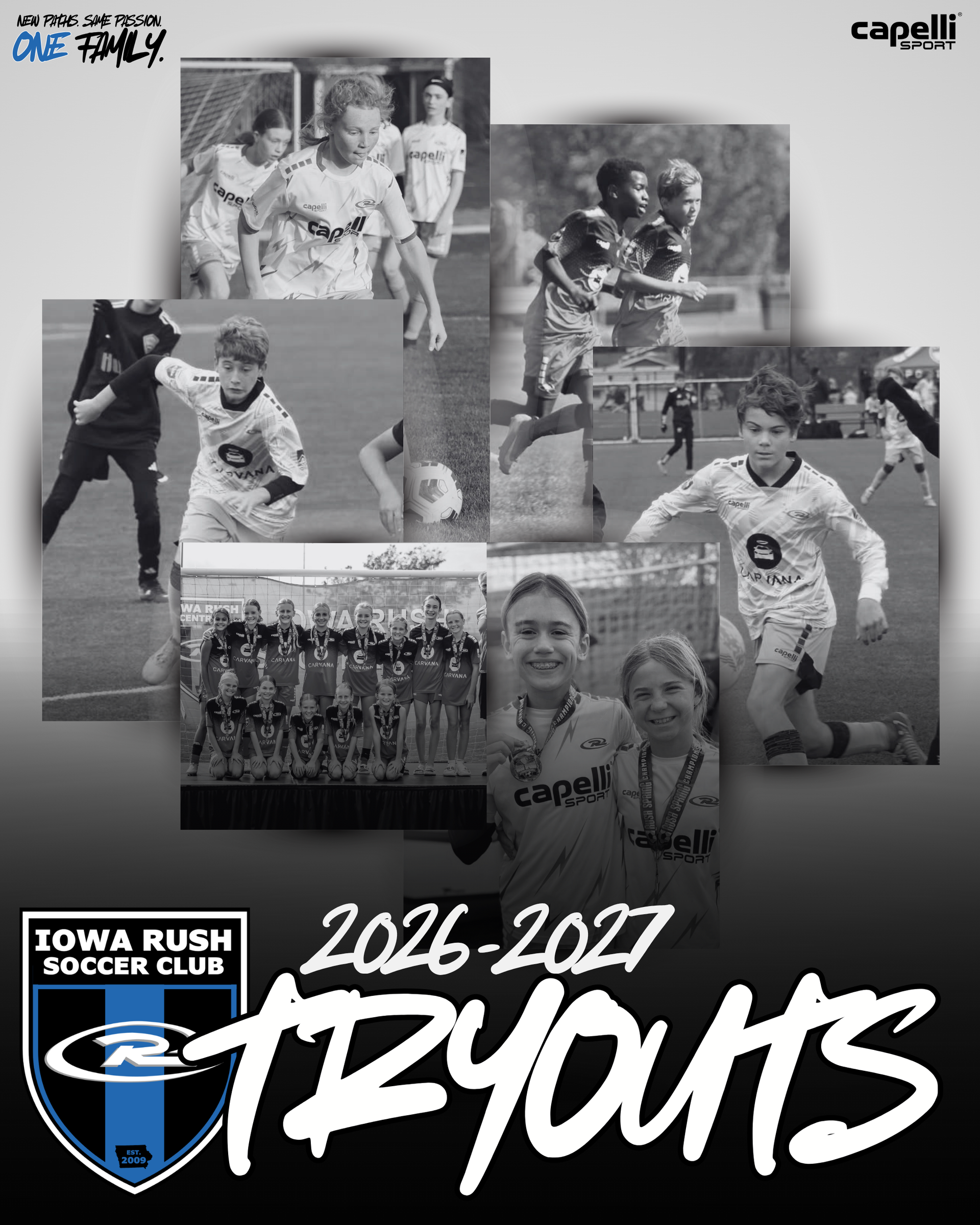 Iowa Rush Soccer Club 2026-2027 tryouts poster with black-and-white youth soccer action photos and logo