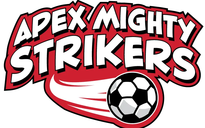 Apex Mighty Strikers logo in bold red and white with a black-and-white soccer ball