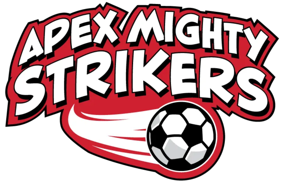 Apex Mighty Strikers soccer logo in red, white, and black with a soccer ball