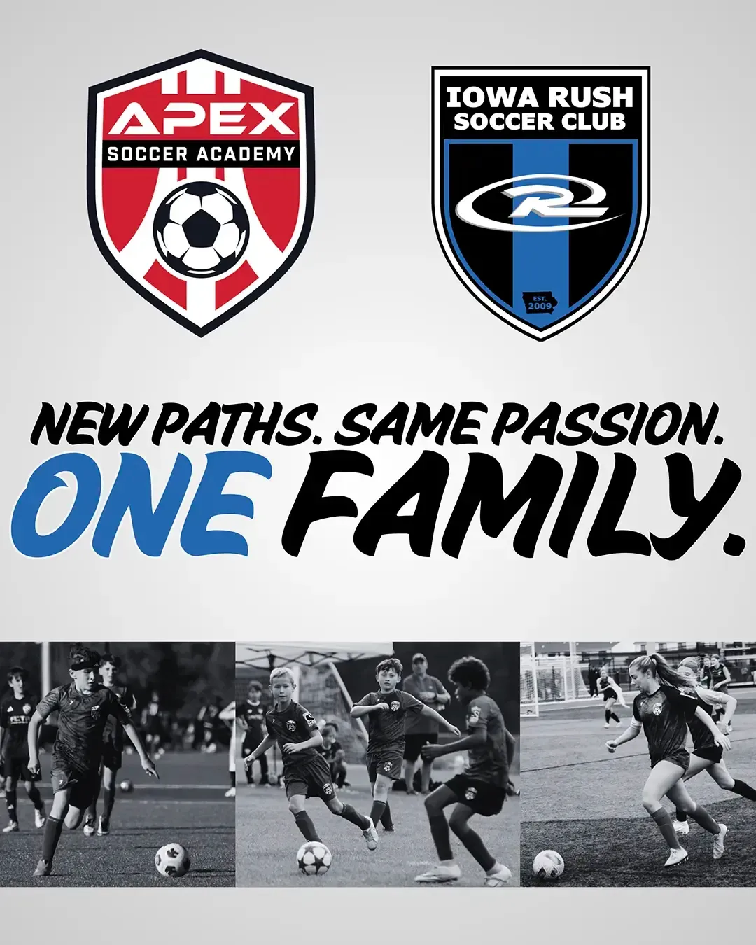 Apex Soccer Academy and Iowa Rush Soccer Club logos above the text 