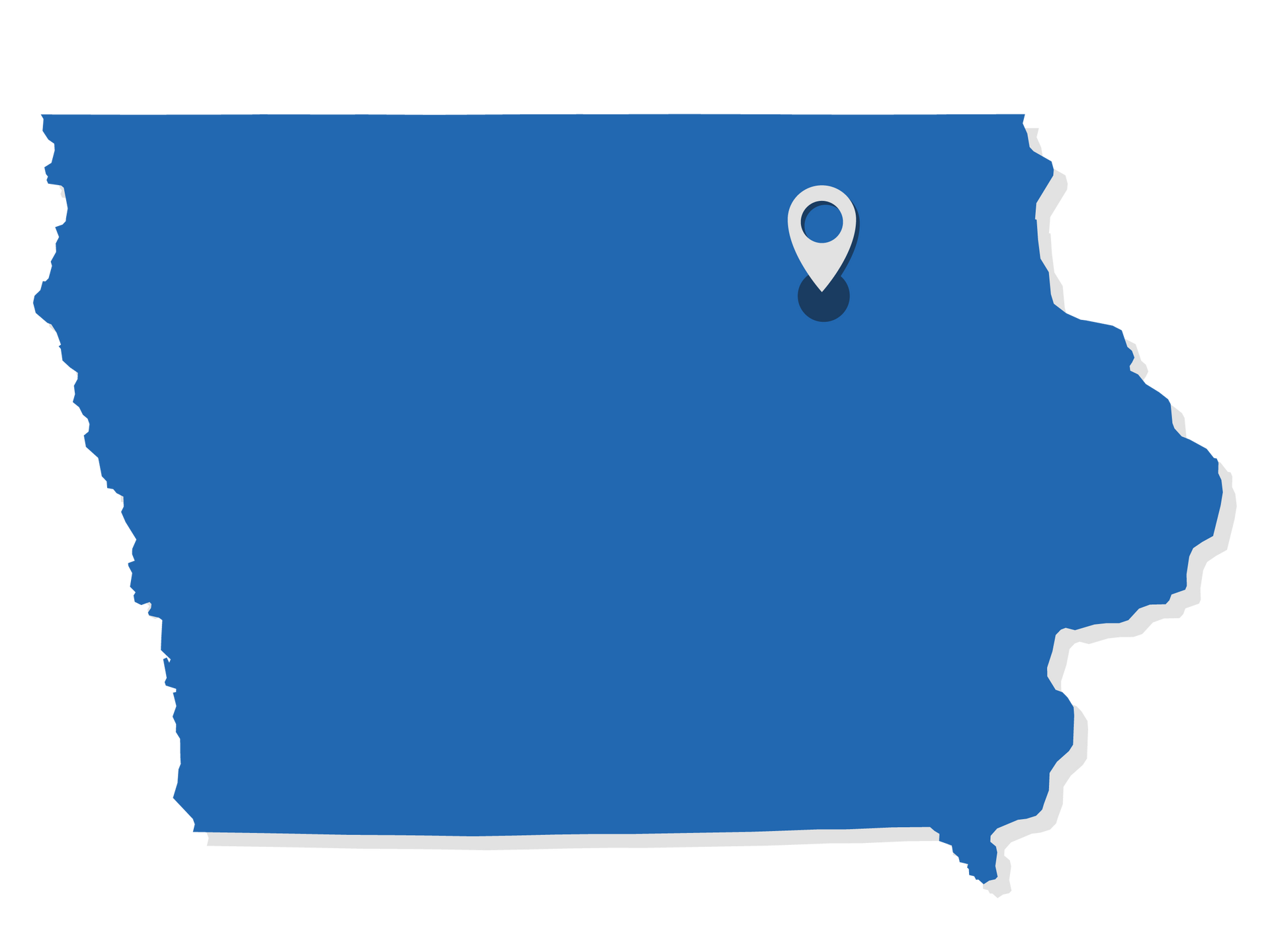 Blue Iowa state outline with a location pin marker near the top center