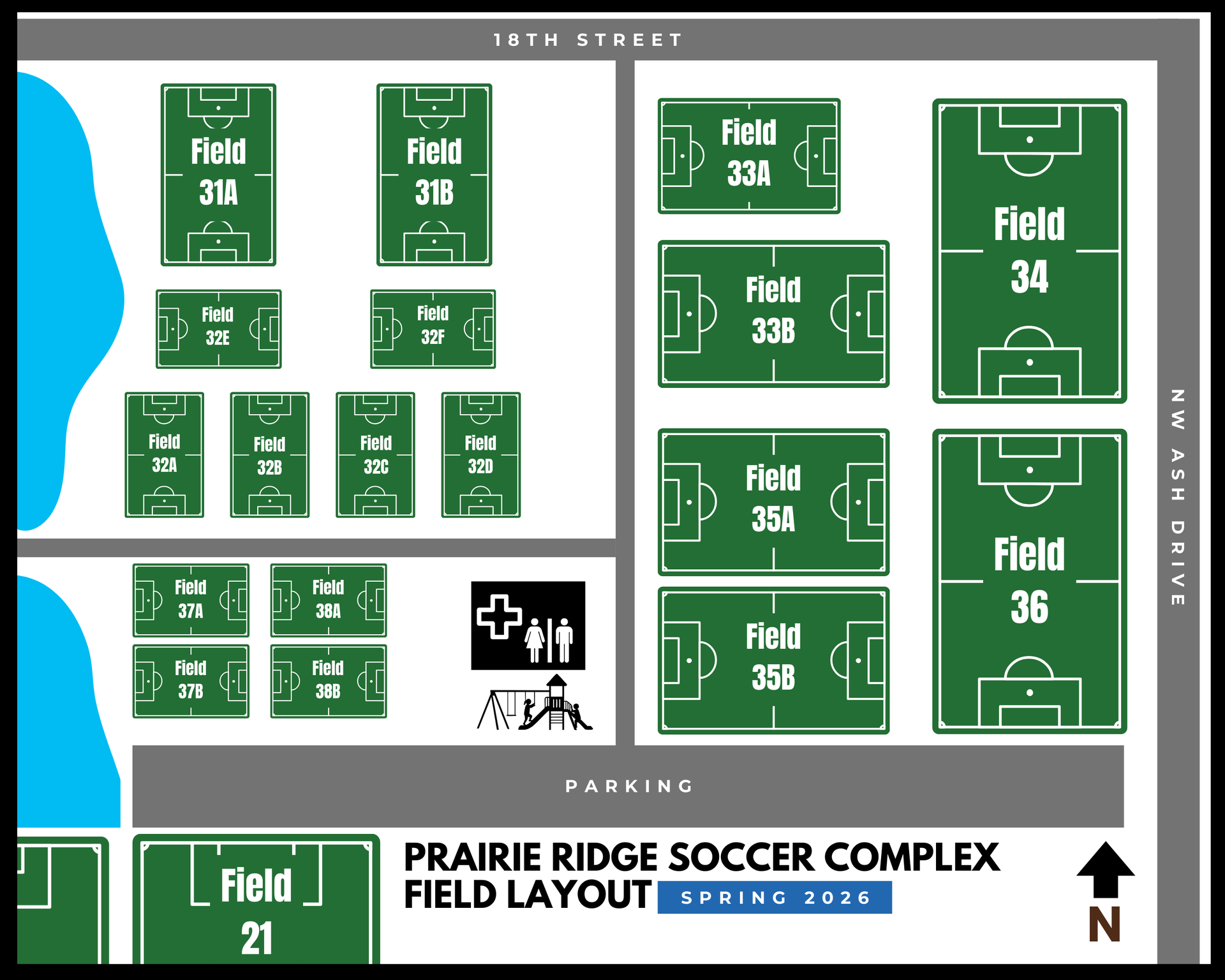 Prairie Ridge Soccer Complex field map with green soccer fields and white labels.
