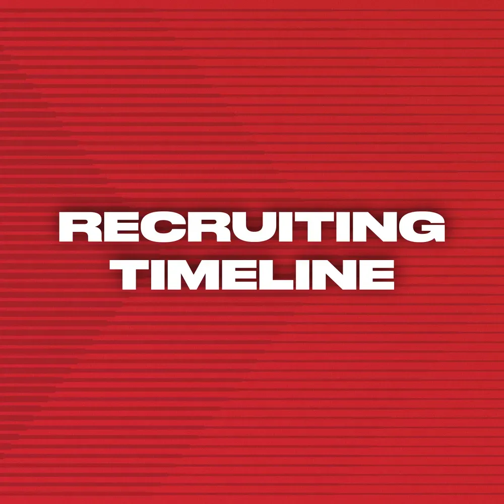 Red background with bold white text reading “Recruiting Timeline”
