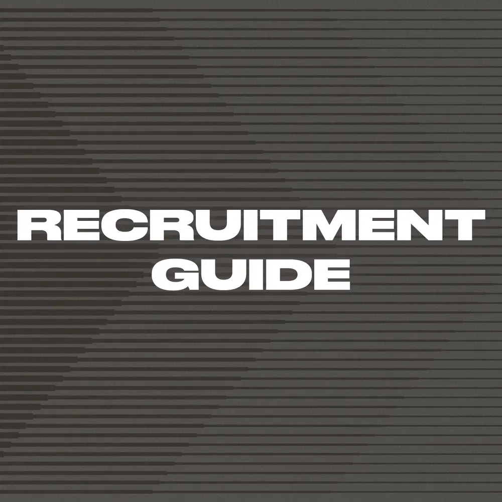 Recruitment guide title in bold white text on a dark gray striped background
