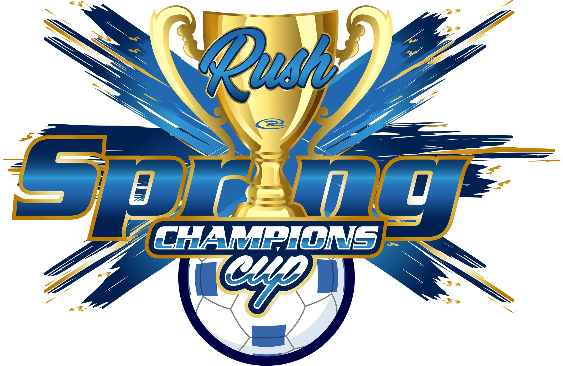 Rush Spring Champions Cup logo with gold trophy and blue soccer-themed lettering