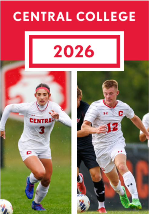 Central College 2026 soccer recruiting poster with two players in white uniforms running on a field