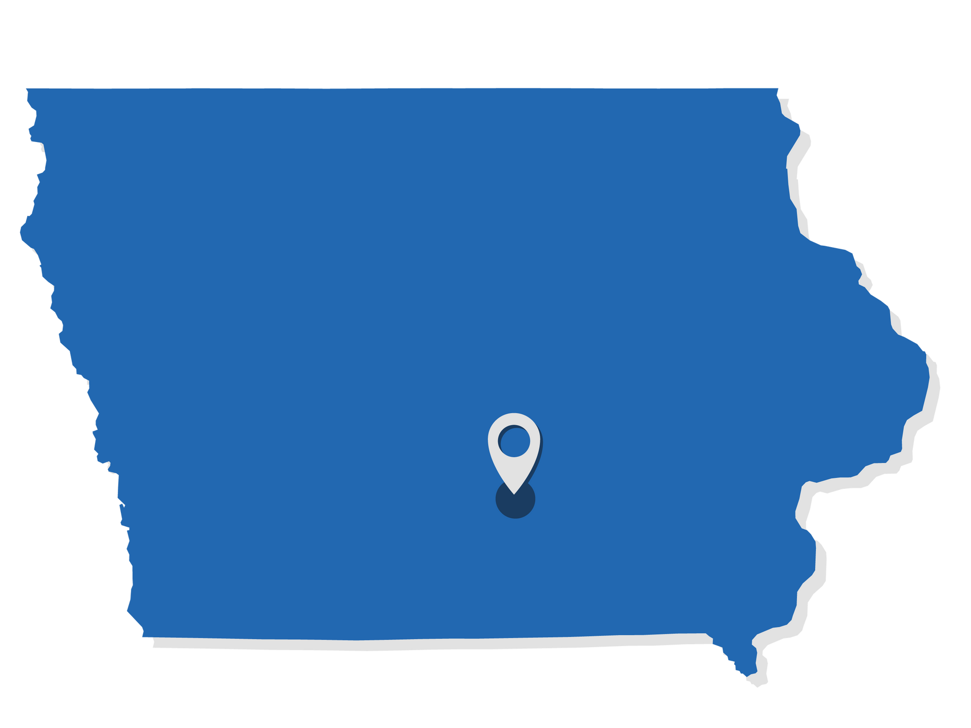 Blue silhouette map of Iowa with a location pin near the center