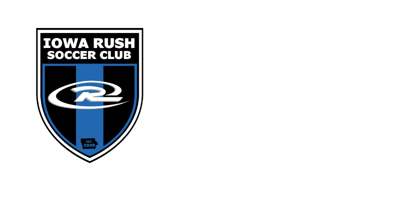 Iowa Rush Soccer Club shield logo in black, white, and blue