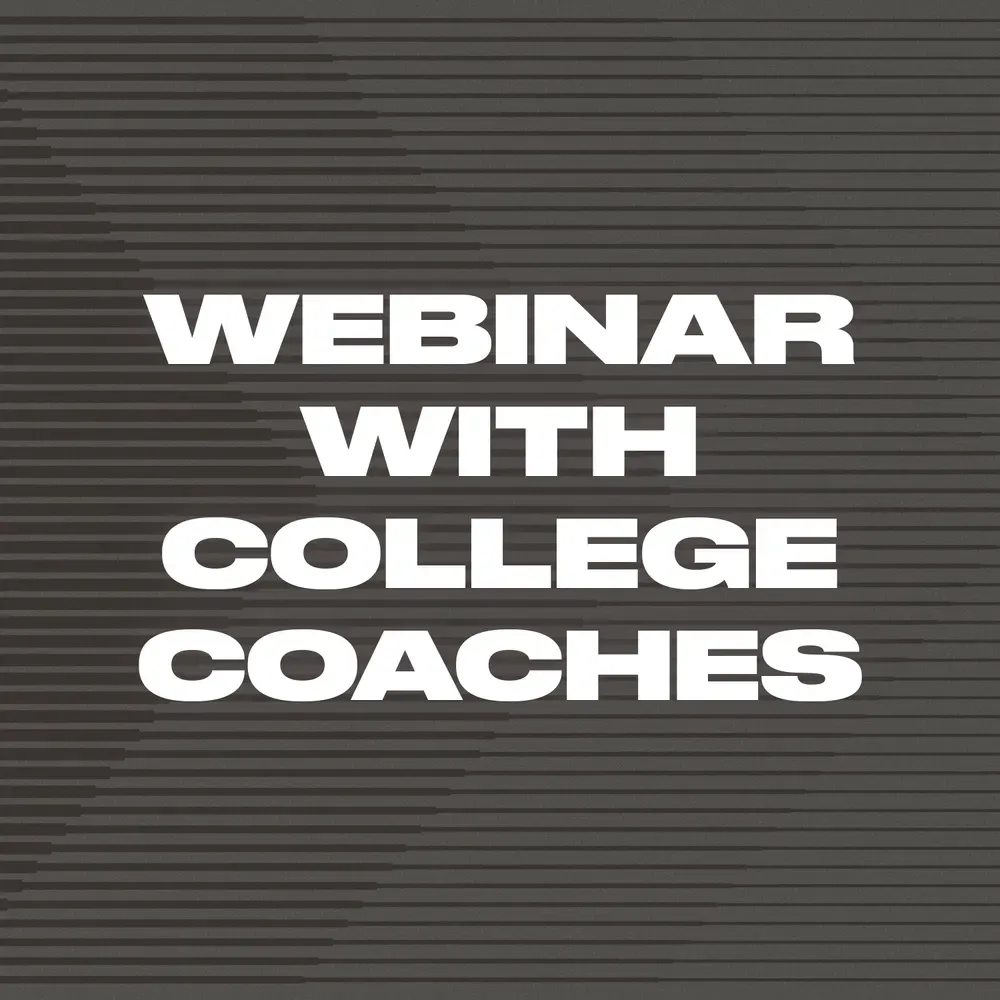 Webinar announcement with college coaches in bold white text on a dark gray striped background