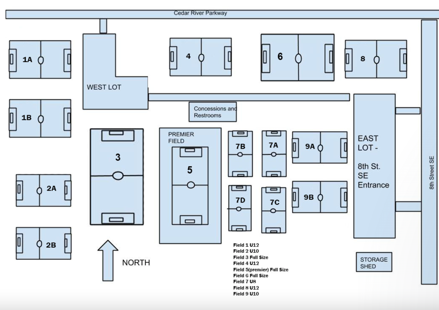 Airport terminal map with labeled gates, restrooms, elevators, parking, and east lot.